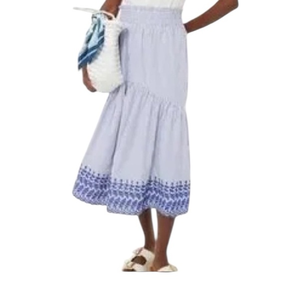 Tuckernuck Blue White Eyelet Stripe Cinza Embroidered Midi Skirt Size XS - Picture 9 of 9
